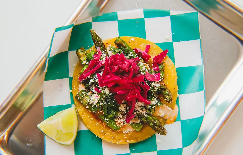 Taylor's Tacos Chicago asparagus taco with pickled onions — vegetarian option